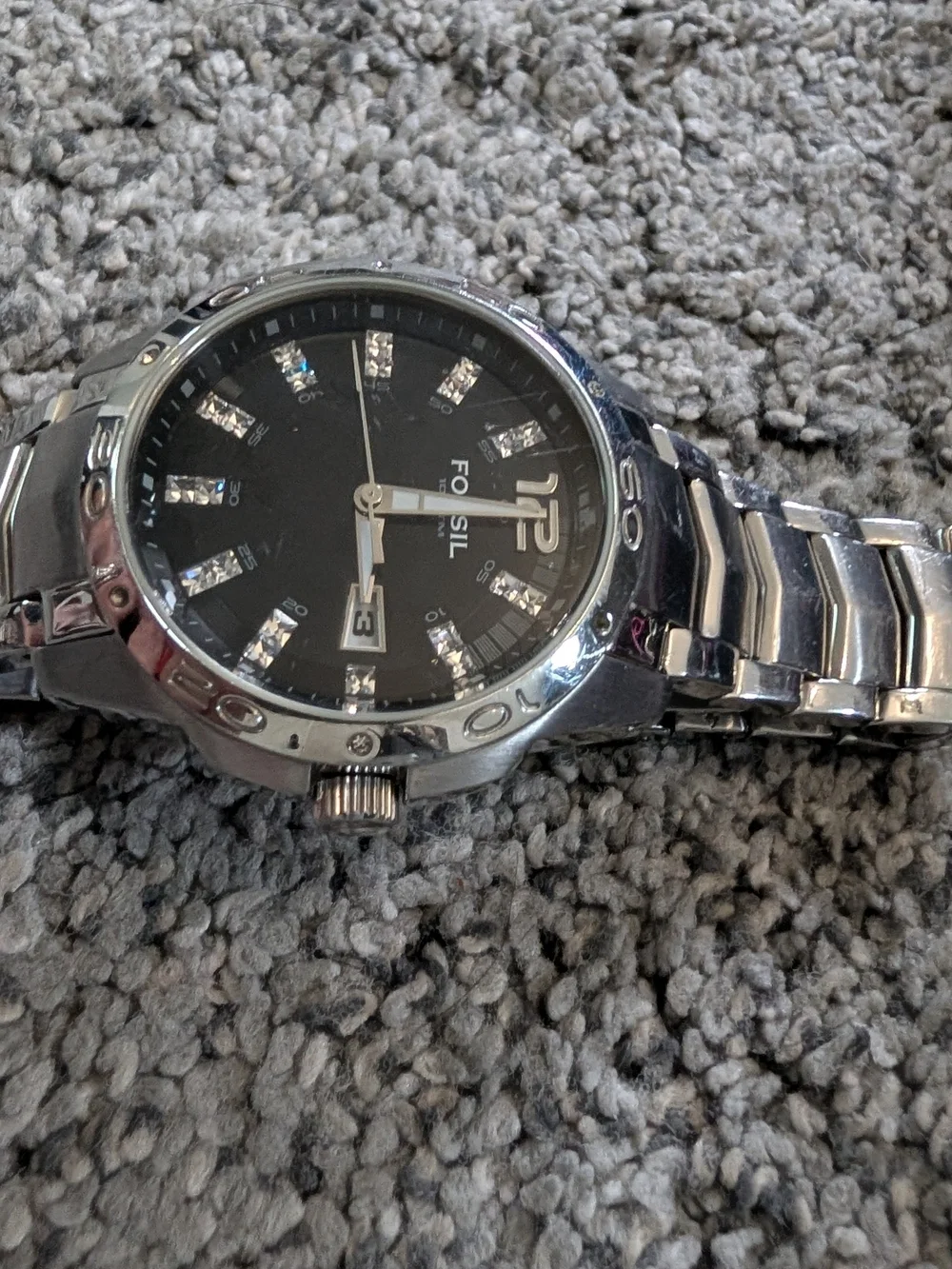 Used Condition Fossil Silver and Black Stainless Steel Diamond Accent Watch